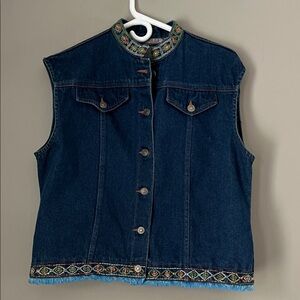 Denim Jacket with Embroidered Collar - Green & Orange Accent